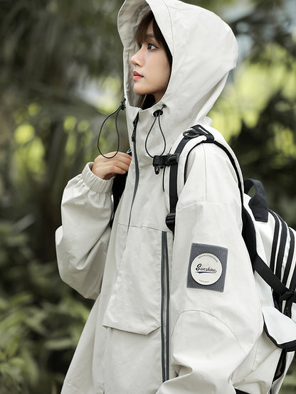 Breathable Lightweight Rain Jacket for Women - Windproof &, Oversized Fit with Adjustable Drawstring Hood, Long Sleeves, Pockets - All-Season Outdoor Hiking & Travel, Hiking Gear, Sporty Design, Durable Coating