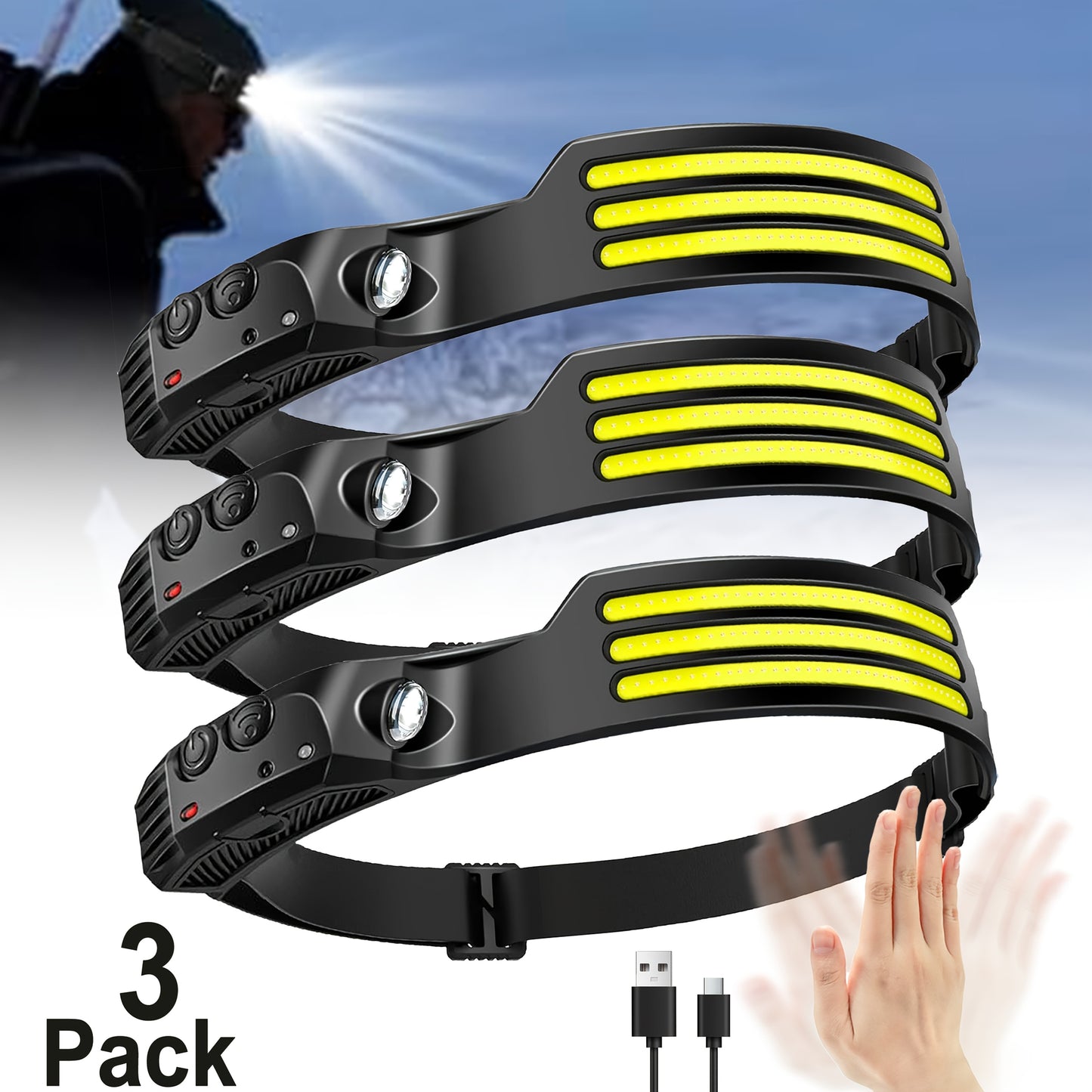 3pcs Outdoor Motion Sensor Head Lamp, USB Rechargeable, LEDSuper Bright Headlight with Motion Sensor, 5 Light Modes for Camping, Hiking, Running, Fishing