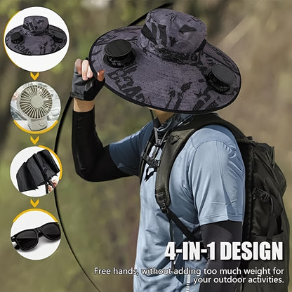 Mens Sun Hat with 2 , Summer Cooling Wide Brim Bucket Hat, Beach Hat Garden Hat, Solar + USB Dual Power Supply