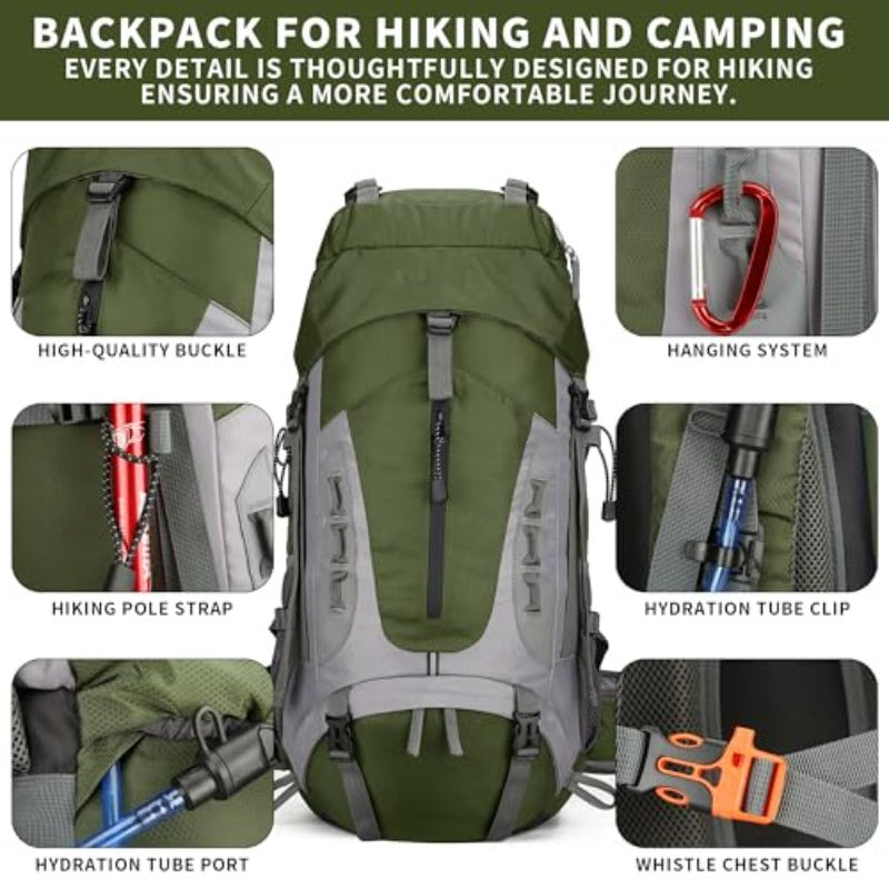 19.81gal Hiking Backpack | Camping Backpack with Rain Cover, Frameless, Magnetic Closure, Adjustable Shoulder Straps for Men and Women