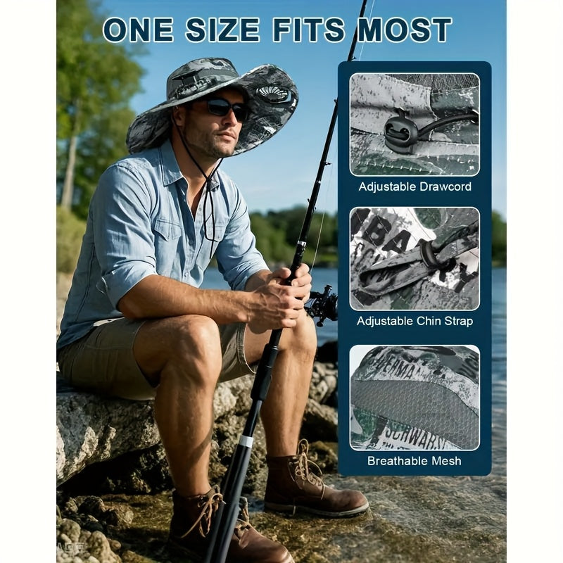 Mens Sun Hat with 2 , Summer Cooling Wide Brim Bucket Hat, Beach Hat Garden Hat, Solar + USB Dual Power Supply