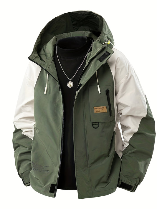 Windproof Hooded Jacket Lightweight Windproof Men's Hooded Jacket for Spring & Autumn | Work Jacket with Zipper Closure, Contrast Color Block Design, Polyester Lining & Pockets - Outdoor Sports, Hiking, Casual Wear