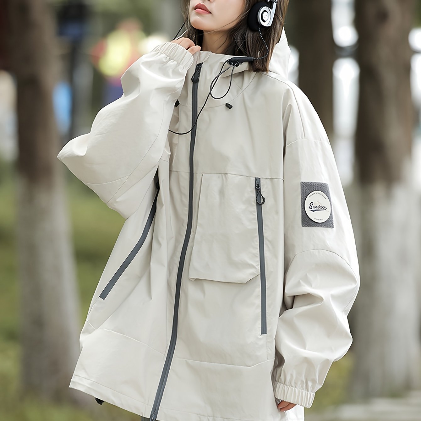 Breathable Lightweight Rain Jacket for Women - Windproof &, Oversized Fit with Adjustable Drawstring Hood, Long Sleeves, Pockets - All-Season Outdoor Hiking & Travel, Hiking Gear, Sporty Design, Durable Coating