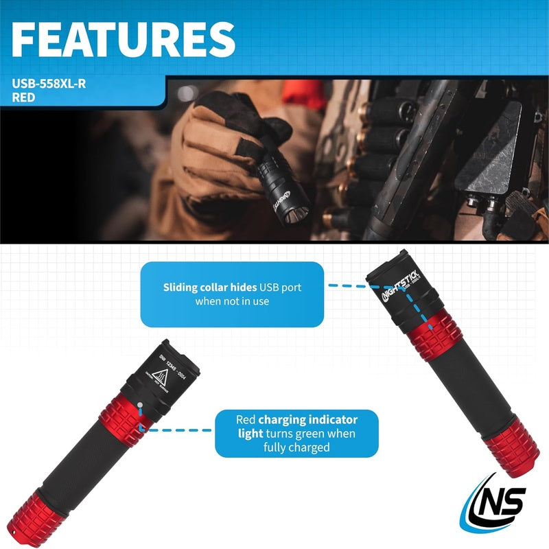USB - 558XL - R Metal USB Rechargeable Multi - Function Tactical Flashlight - Red