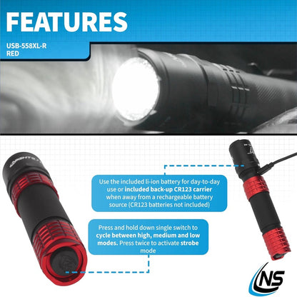 USB - 558XL - R Metal USB Rechargeable Multi - Function Tactical Flashlight - Red