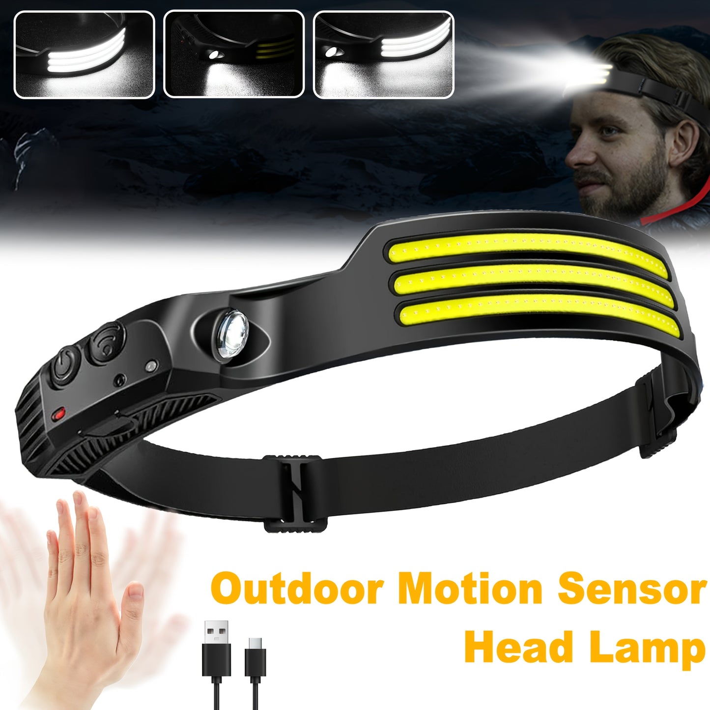 3pcs Outdoor Motion Sensor Head Lamp, USB Rechargeable, LEDSuper Bright Headlight with Motion Sensor, 5 Light Modes for Camping, Hiking, Running, Fishing