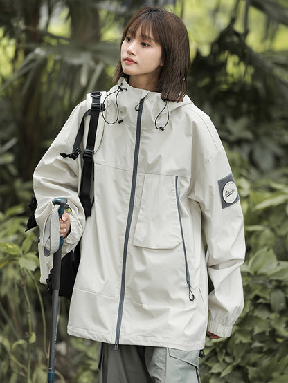 Breathable Lightweight Rain Jacket for Women - Windproof &, Oversized Fit with Adjustable Drawstring Hood, Long Sleeves, Pockets - All-Season Outdoor Hiking & Travel, Hiking Gear, Sporty Design, Durable Coating