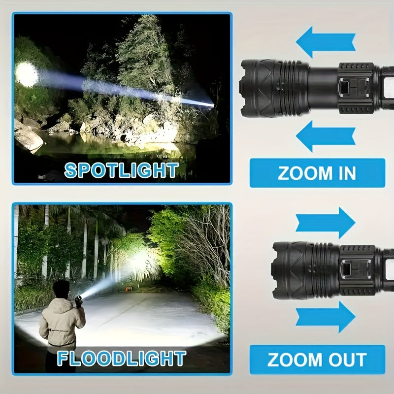 High-Power LED Flashlight, Built-In Battery Tactical Flashlight, Rechargeable Portable Flashlight, IP65 Waterproof, Suitable for Outdoor Work, Hunting, Fishing