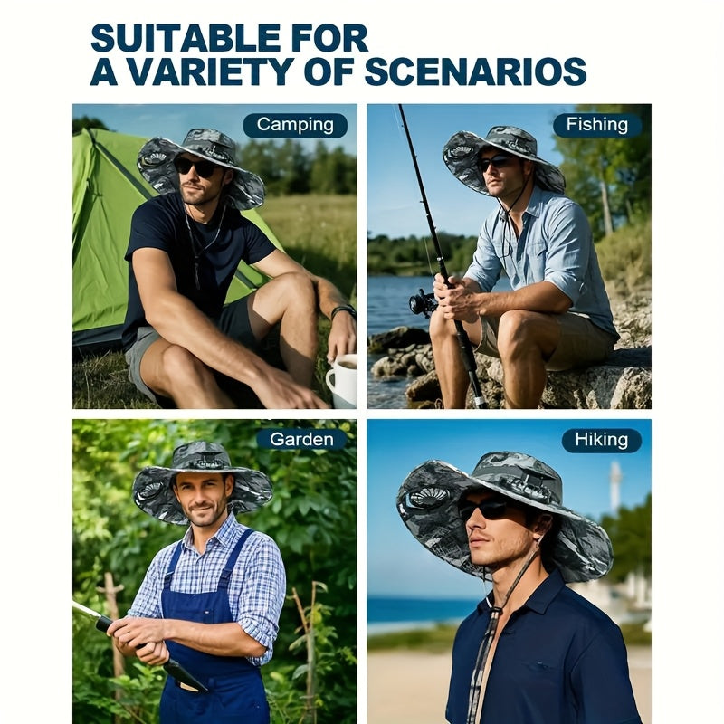 Mens Sun Hat with 2 , Summer Cooling Wide Brim Bucket Hat, Beach Hat Garden Hat, Solar + USB Dual Power Supply