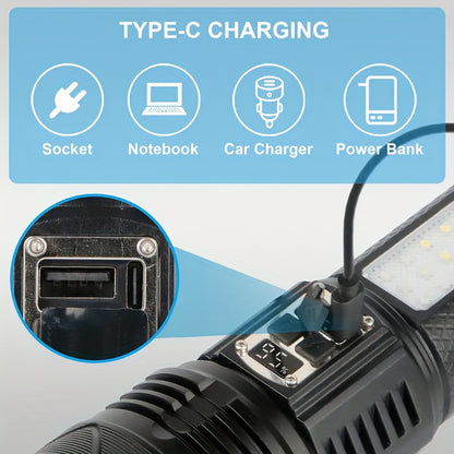 High-Power LED Flashlight, Built-In Battery Tactical Flashlight, Rechargeable Portable Flashlight, IP65 Waterproof, Suitable for Outdoor Work, Hunting, Fishing