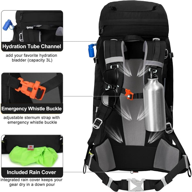 Internal Frame Hiking Backpack 13.21\15.85\17.17\18.49\21.13gal | Mountain Climbing Camping Backpack Daypack with Rain Cover, Mixed Color, Hard Shell