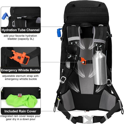 Internal Frame Hiking Backpack 13.21\15.85\17.17\18.49\21.13gal | Mountain Climbing Camping Backpack Daypack with Rain Cover, Mixed Color, Hard Shell