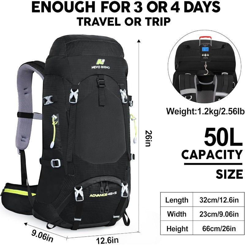 Internal Frame Hiking Backpack 13.21\15.85\17.17\18.49\21.13gal | Mountain Climbing Camping Backpack Daypack with Rain Cover, Mixed Color, Hard Shell