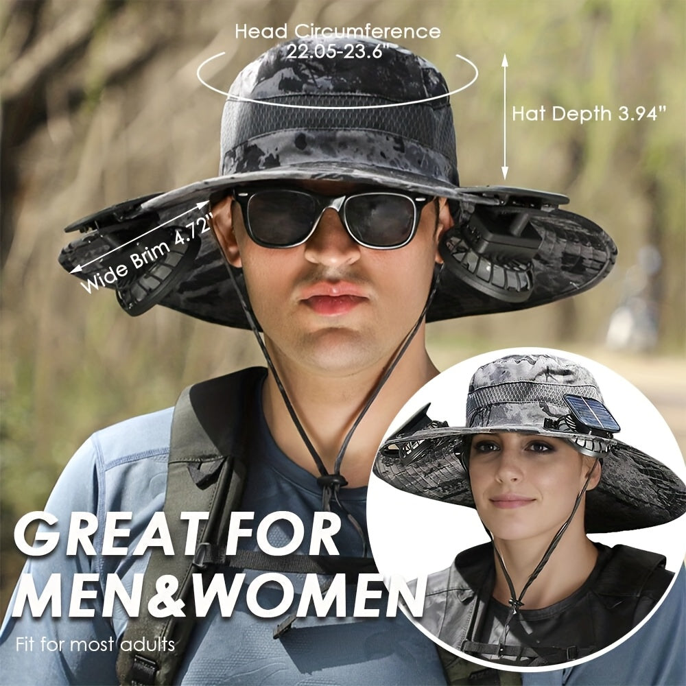 Mens Sun Hat with 2 , Summer Cooling Wide Brim Bucket Hat, Beach Hat Garden Hat, Solar + USB Dual Power Supply