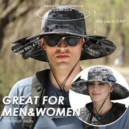Mens Sun Hat with 2 , Summer Cooling Wide Brim Bucket Hat, Beach Hat Garden Hat, Solar + USB Dual Power Supply