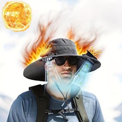 Mens Sun Hat with 2 , Summer Cooling Wide Brim Bucket Hat, Beach Hat Garden Hat, Solar + USB Dual Power Supply