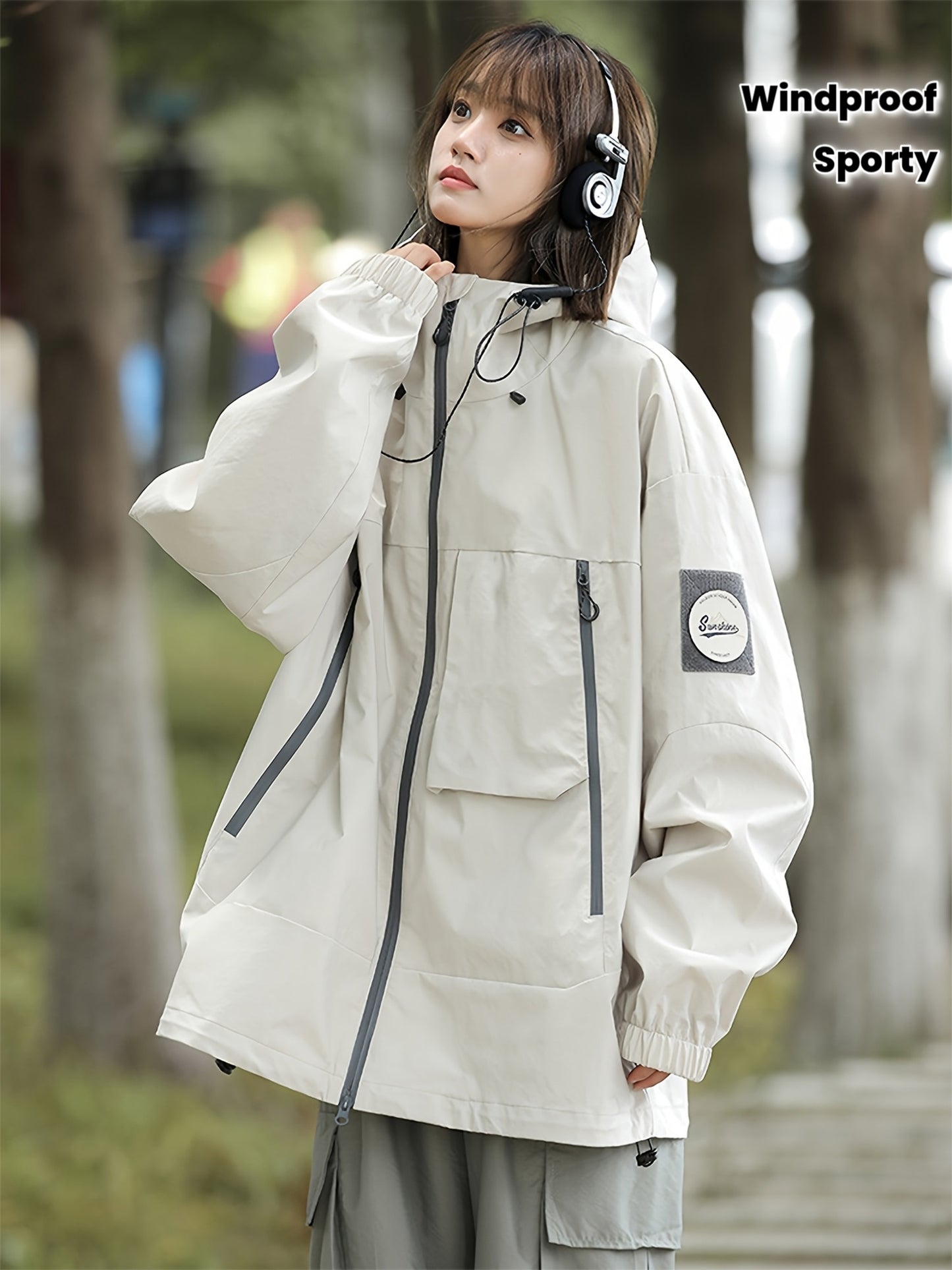 Breathable Lightweight Rain Jacket for Women - Windproof &, Oversized Fit with Adjustable Drawstring Hood, Long Sleeves, Pockets - All-Season Outdoor Hiking & Travel, Hiking Gear, Sporty Design, Durable Coating