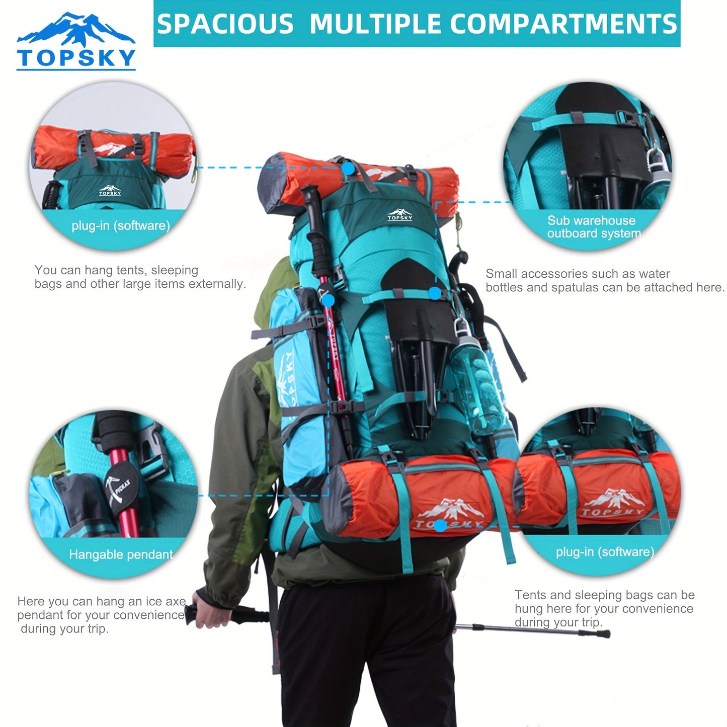 18.49gal Travel Backpack, Outdoor Sports Backpack, Nylon Hiking Bag, Outdoor Camping Storage Bag, Hiking Backpack Suitable for Mountaineering, Hiking, Camping, with Independent Sleeping Bag Compartment and Independent Water Bag Compartment