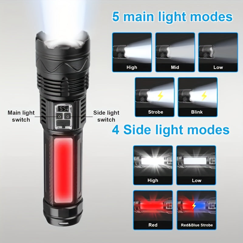 High-Power LED Flashlight, Built-In Battery Tactical Flashlight, Rechargeable Portable Flashlight, IP65 Waterproof, Suitable for Outdoor Work, Hunting, Fishing