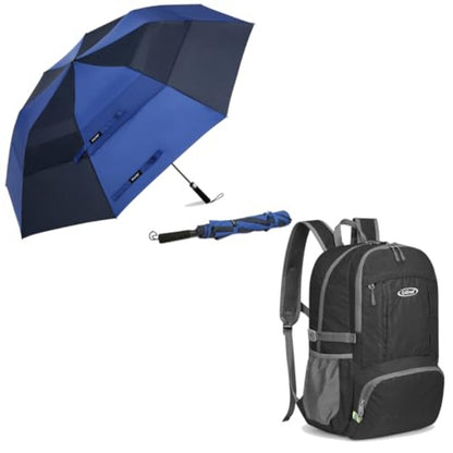 40L Lightweight Packable Hiking Backpack Waterproof Travel Daypack+ 62inch Portable Golf Umbrella Automatic Open Large Oversize Vented Double Canopy Windproof Waterproof Sport Umbrellas