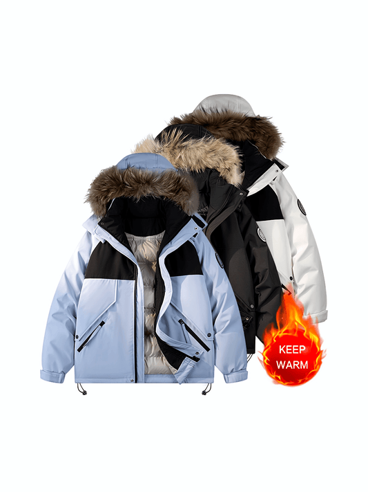 Men's Heavy-duty Outdoor Down Jacket - 90 Duck Down Filled Coat, with Coon Hair for The Cap Fur, Zipper Large Pockets with Contrast Color Matching, Trendy And Fashionable, Suitable for Outdoor Sports, Travel, Skiing, Camping, Skiing Gear