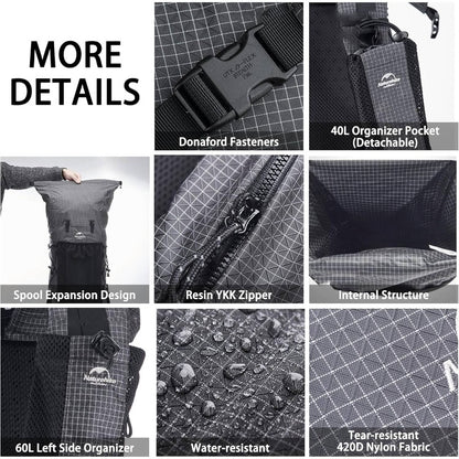 10.57gal+1.32gal Internal Frame Hiking backpacking backpack, Camping High Quality Bag, Ultralight Outdoor Daypack with Rain Cover Hiking, Backpacking, Rucking, Camping Survival, Hiking Accessories, Backpack for Hiking, Hiking Gear And Equipment