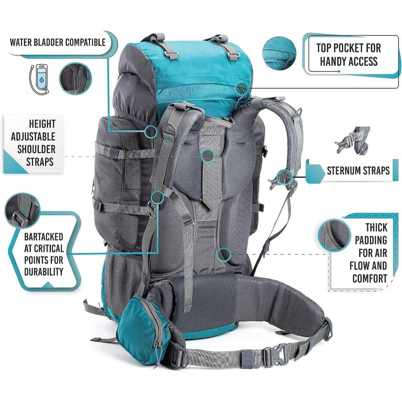 Walker 65 Litres Rucksack Internal Frame with Metal Rod Rain Cover Bottom Opening Laptop Section, Travel Rucksack, Camping Essentials, Sporty Design, Functional Storage, Laptop Backpack, Hikers And Trekkers