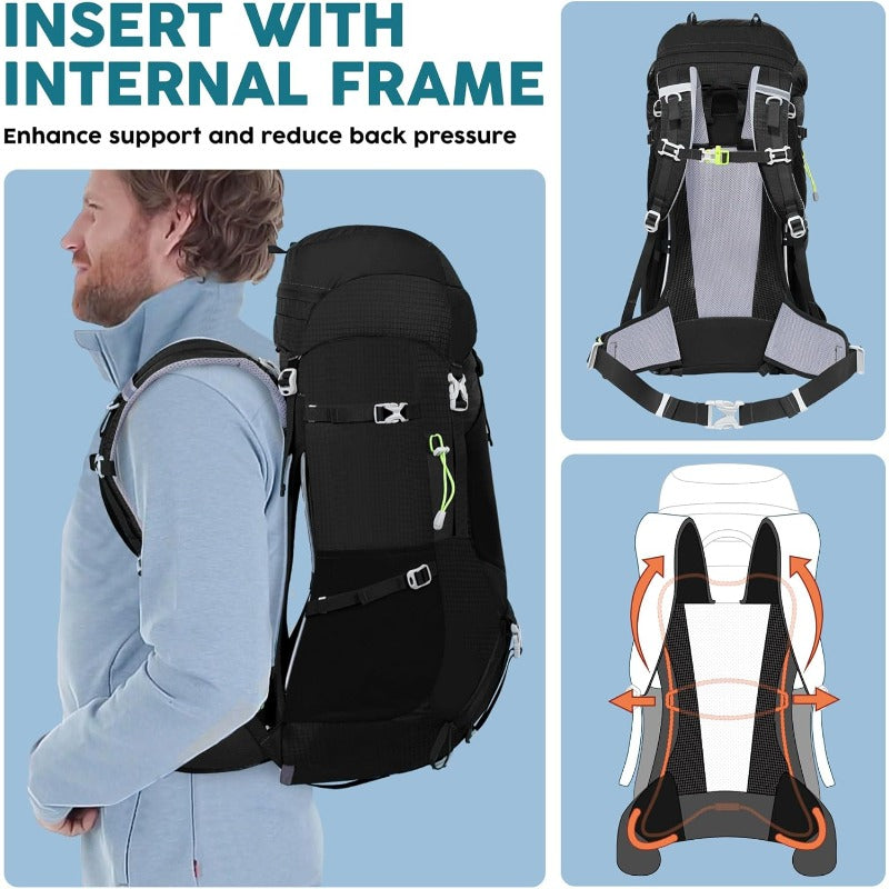 Internal Frame Hiking Backpack 13.21\15.85\17.17\18.49\21.13gal | Mountain Climbing Camping Backpack Daypack with Rain Cover, Mixed Color, Hard Shell