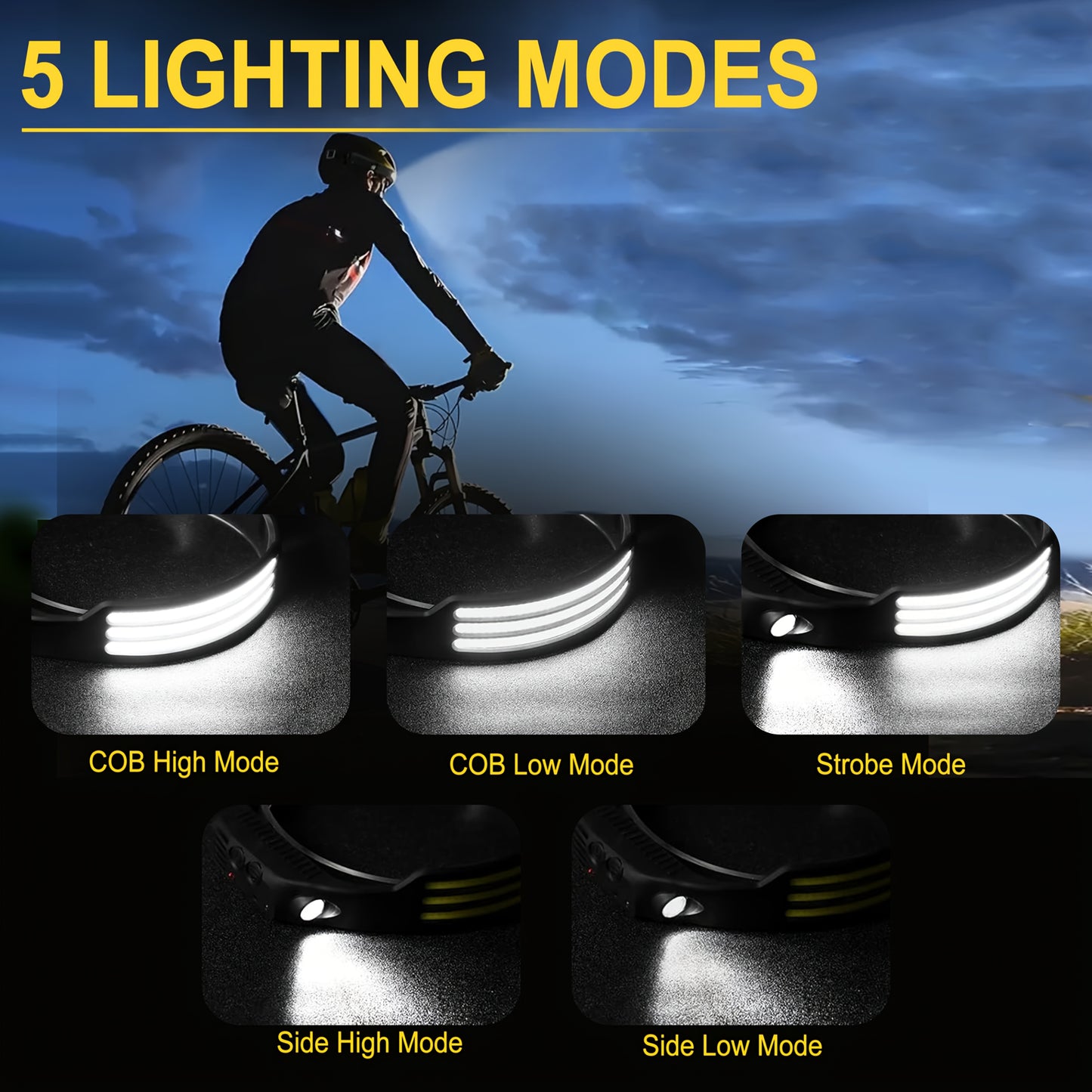3pcs Outdoor Motion Sensor Head Lamp, USB Rechargeable, LEDSuper Bright Headlight with Motion Sensor, 5 Light Modes for Camping, Hiking, Running, Fishing