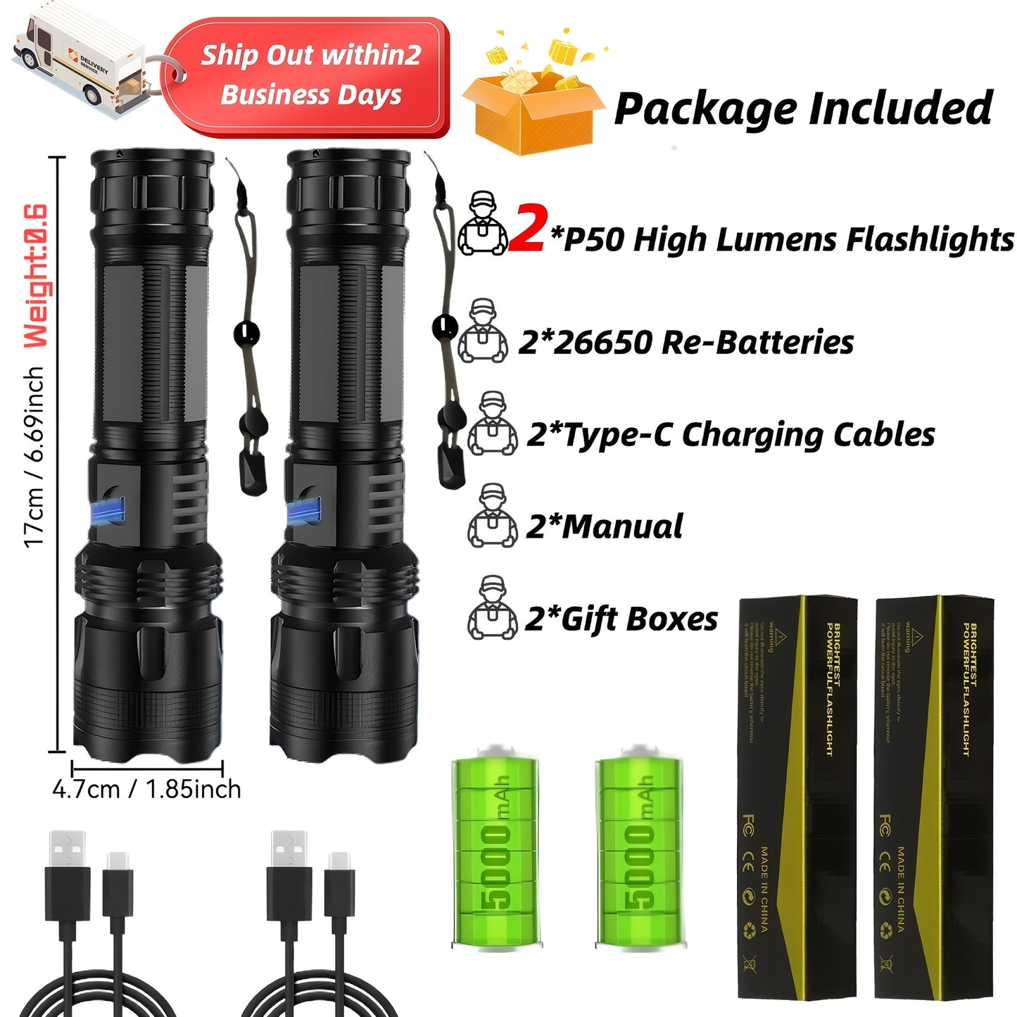 Men's Tools Clearance -2 Pack Rechargeable LED Flashlight, High Lumen Super Bright Flashlights, Multi-function 5 Modes, Powerful Torch, Suitable For Home, Camping, Hiking