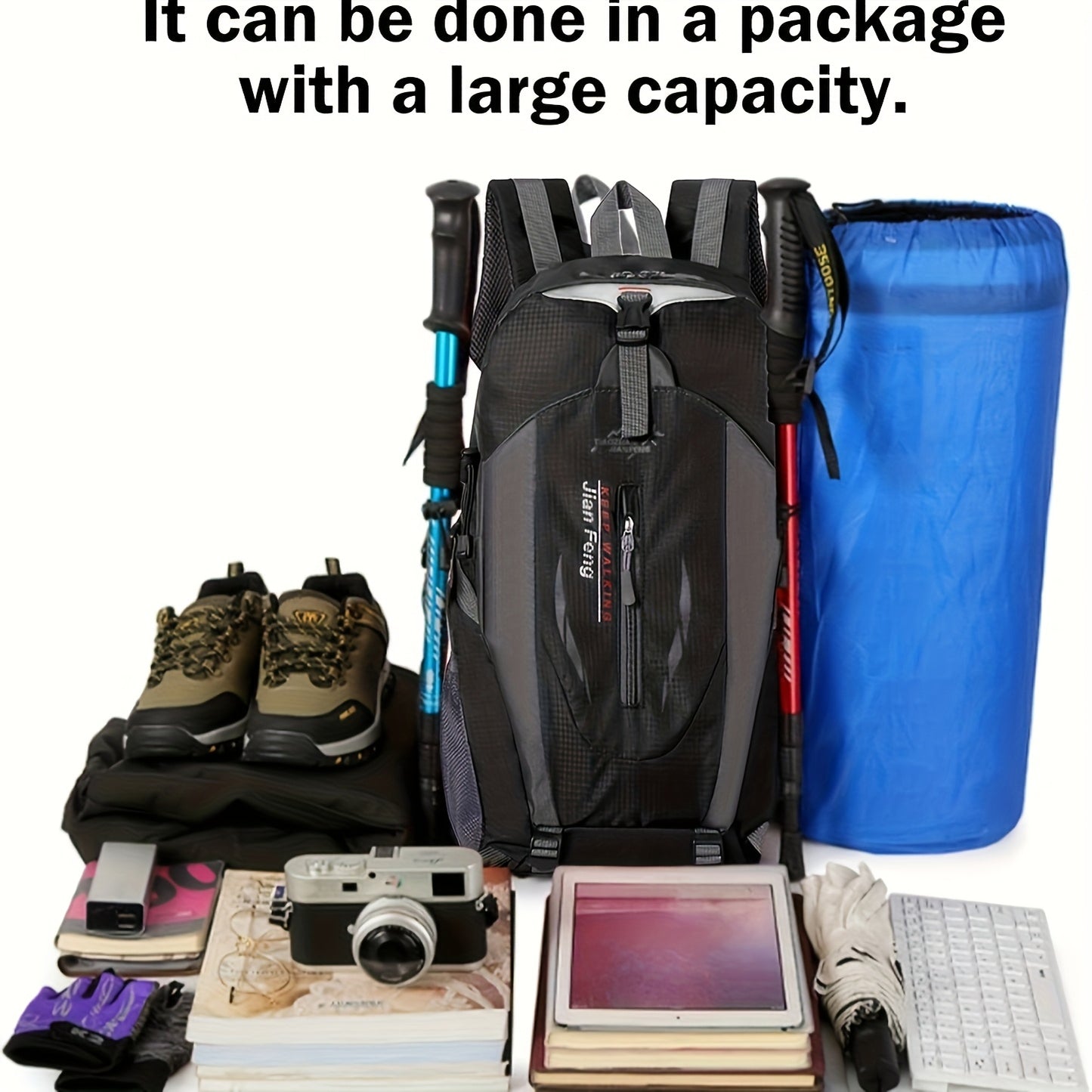 1pc 10.57gal Heavy-Duty Oxford Cloth Hiking Backpack with Compression Strap & Zipper Closure - Foldable Travel Backpack for Men & Women, 15+ Uses (Mountaineering, Hiking, School, Airport, Daily Carry) - Durable, Lightweight, And Stylish Design