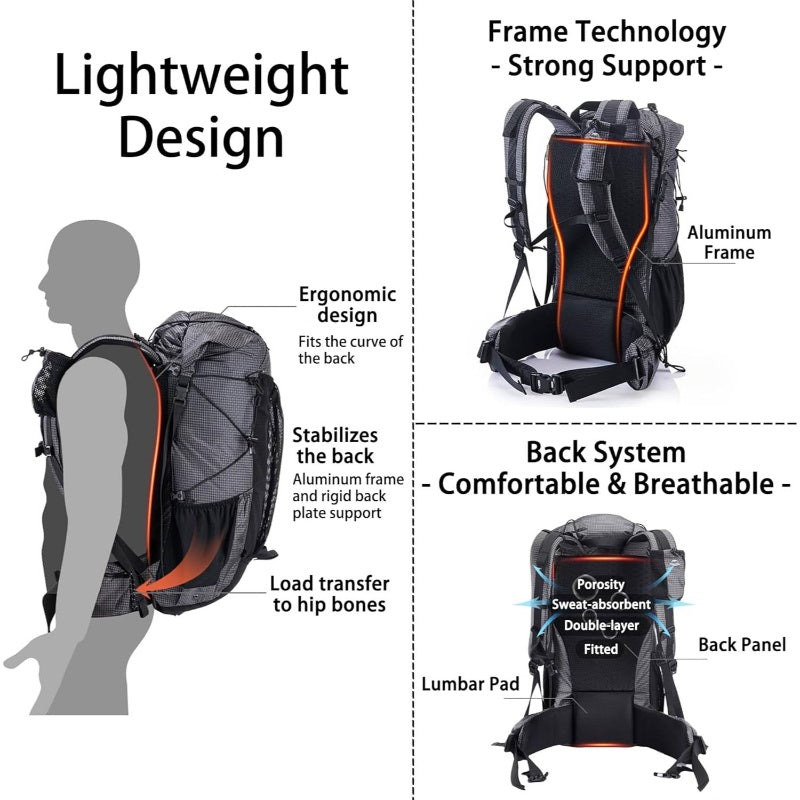 10.57gal+1.32gal Internal Frame Hiking backpacking backpack, Camping High Quality Bag, Ultralight Outdoor Daypack with Rain Cover Hiking, Backpacking, Rucking, Camping Survival, Hiking Accessories, Backpack for Hiking, Hiking Gear And Equipment