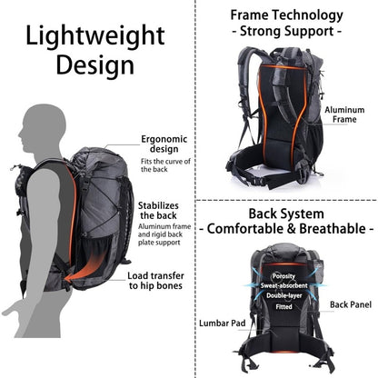 10.57gal+1.32gal Internal Frame Hiking backpacking backpack, Camping High Quality Bag, Ultralight Outdoor Daypack with Rain Cover Hiking, Backpacking, Rucking, Camping Survival, Hiking Accessories, Backpack for Hiking, Hiking Gear And Equipment