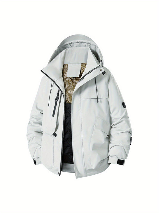 Men's solid color outdoor sports hooded mountaineering suit, large size, fashionable windproof, High Quality, warm, zipper pocket, long-sleeved Men's casual, comfortable, fashionable and versatile windbreaker jacket