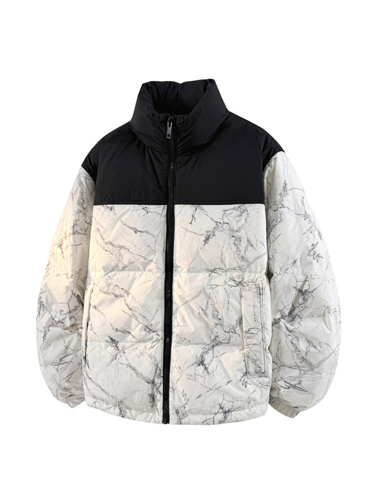 Men's & Unisex Winter White Duck Down Jacket - Thickened Stand-Collar Cold-Weather Coat with Hood, Loose Fit Color-Block Patchwork, Machine Washable Luxury for skiing, snowboarding & everyday