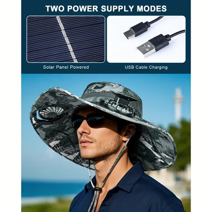 Mens Sun Hat with 2 , Summer Cooling Wide Brim Bucket Hat, Beach Hat Garden Hat, Solar + USB Dual Power Supply