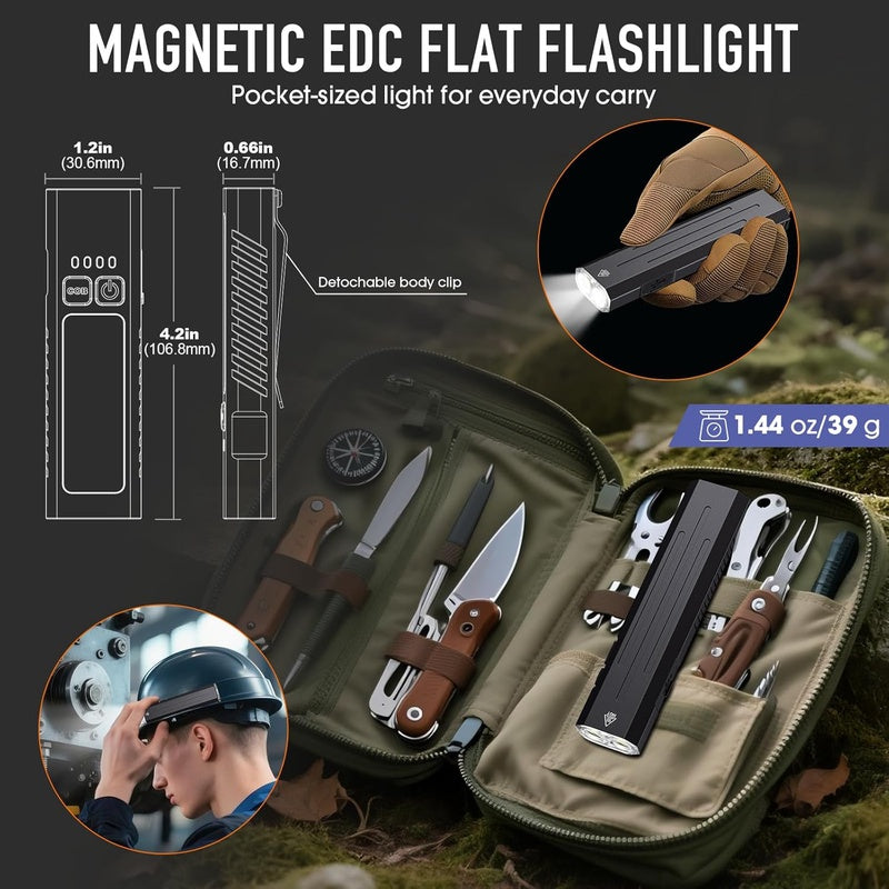 2pack Rechargeable EDC Flashlight | Emergency One Click Strobe Mode, 1600 High Lumens Portable Pocket Light, Magnetic Small EDC Slim Flat Flashlight for Working Camping Repairing, Aluminum Alloy, Includes Hand Strap, Without Battery