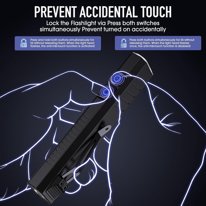 2pack Rechargeable EDC Flashlight | Emergency One Click Strobe Mode, 1600 High Lumens Portable Pocket Light, Magnetic Small EDC Slim Flat Flashlight for Working Camping Repairing, Aluminum Alloy, Includes Hand Strap, Without Battery